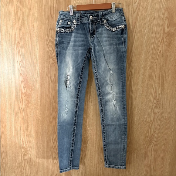 Miss Me Embroidered Skinny Destroyed Blue Jeans - Picture 2 of 5